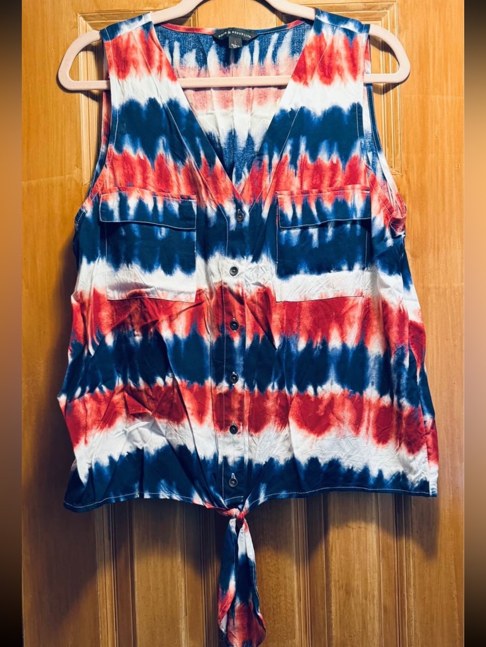 Rock & Republic Red, White & Blue Tie-Dye Button-Front Tank with Front Tie